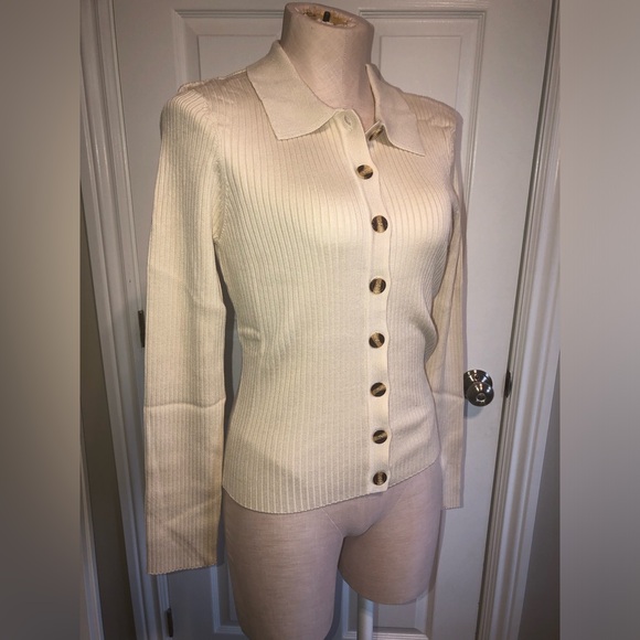 Christy Rib Knit  Brunette The Label Cream Ribbed Cardigan - Picture 2 of 9